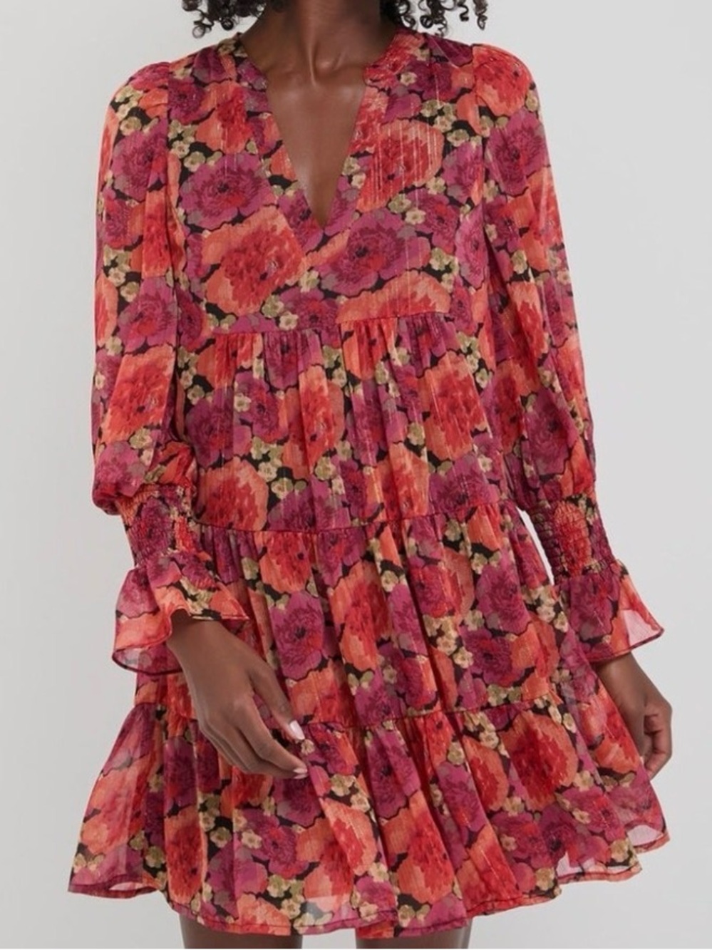 POMANDER PLACE Rose Chiffon Kenzo Vneck Tiered Skirt Layers Dress Retail $128
